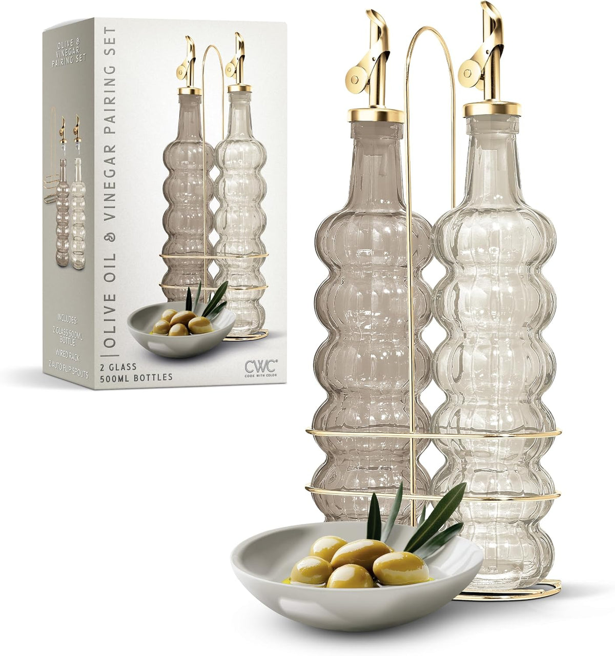 COOK WITH COLOR Glass Olive Oil Bottle Dispenser - 2 Pack- 17oz Oil and Vinegar Cruet - Olive Oil