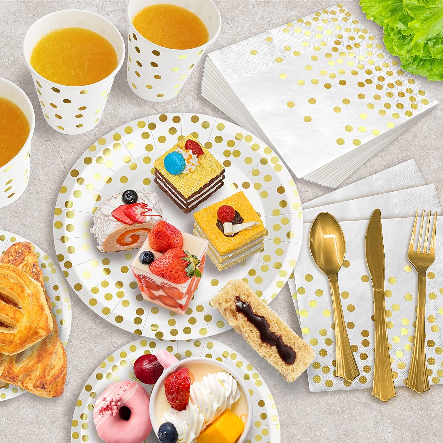 AIRE 350PCS White Gold Paper Plates Party Supplies for 50 Guests Party Decorations Disposable