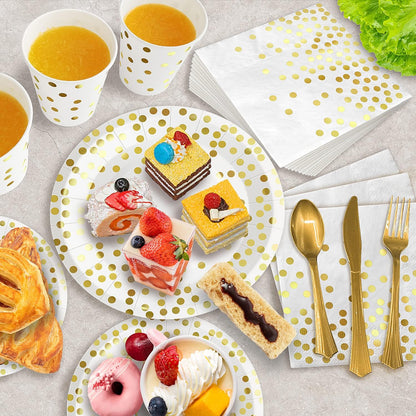 AIRE 350PCS White Gold Paper Plates Party Supplies for 50 Guests Party Decorations Disposable