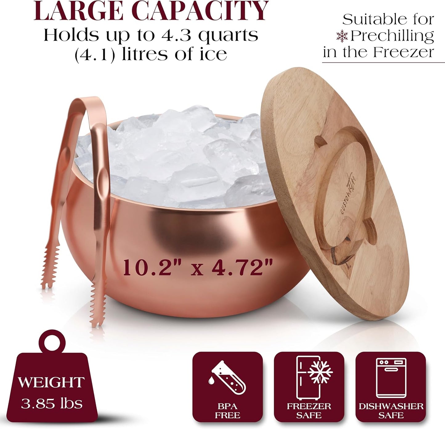 Gusto Nostro 4.1L Insulated Ice Bucket with Lid and Tongs, Double Wall Stainless Steel Ice Bucket