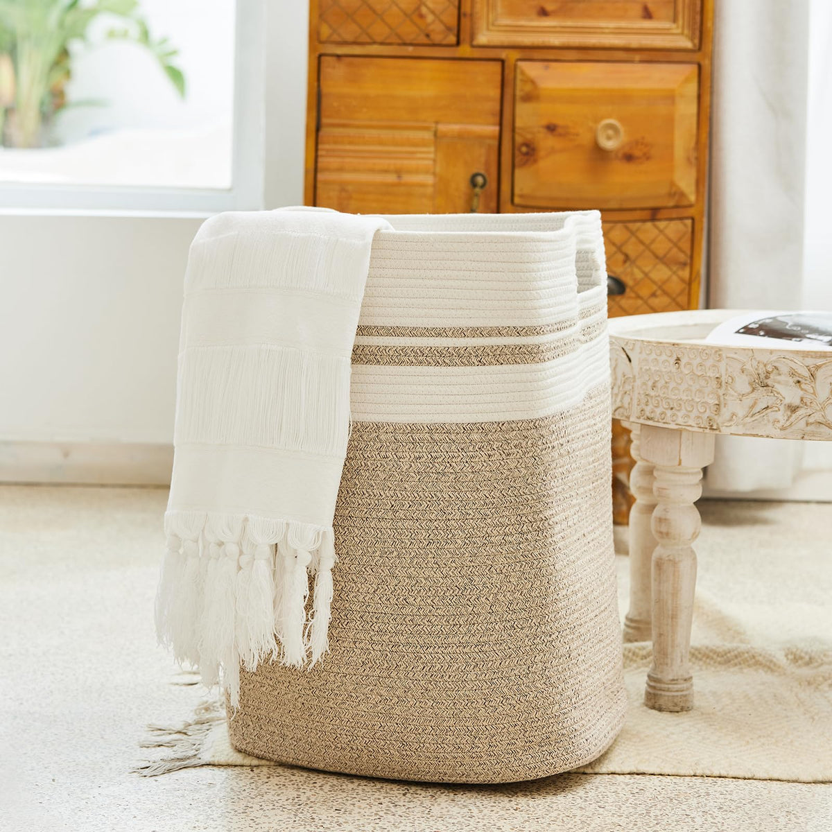 Casaphoria Laundry Hamper, Light Brown Cotton, 16x13x22in, Foldable, Square, Large, Box, 50L