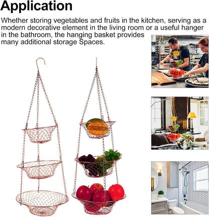 Yardwe 3 Tier Hanging Fruit Baskets Copper Wire Basket Fruit Vegetable Kitchen Storage Organizer