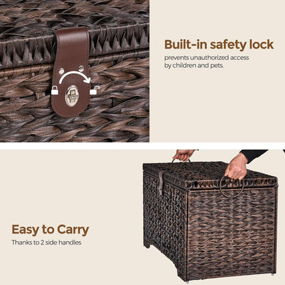 Handwoven Storage Basket with Lid, 165L Plastic Rattan Storage Bin, Leather Buckle & Metal Frame