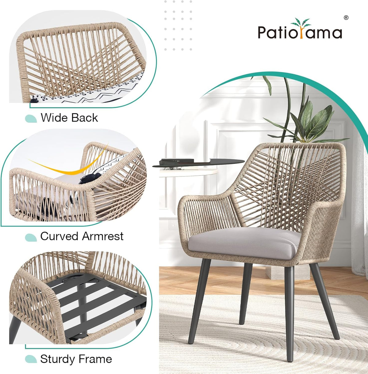 Patiorama Patio Dining Chair Set of 2, Woven Rope Outdoor Dining Chairs w/Steel Frame, All-Weather