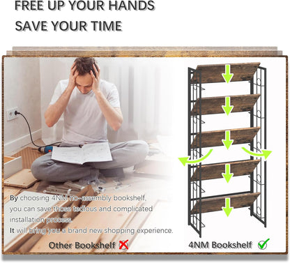 4NM No Assembly 5 Tiers Folding Bookshelf, 59.4" H Foldable Storage Shelves Vintage Bookcase