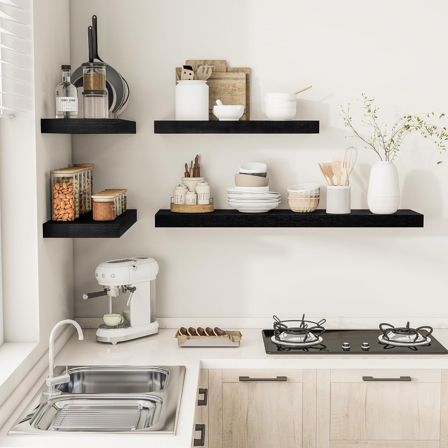 Black Floating Shelves for Wall 36 Inches Long, 12" Deep Wall Shelves 2" Thick, Heavy Duty Shelf