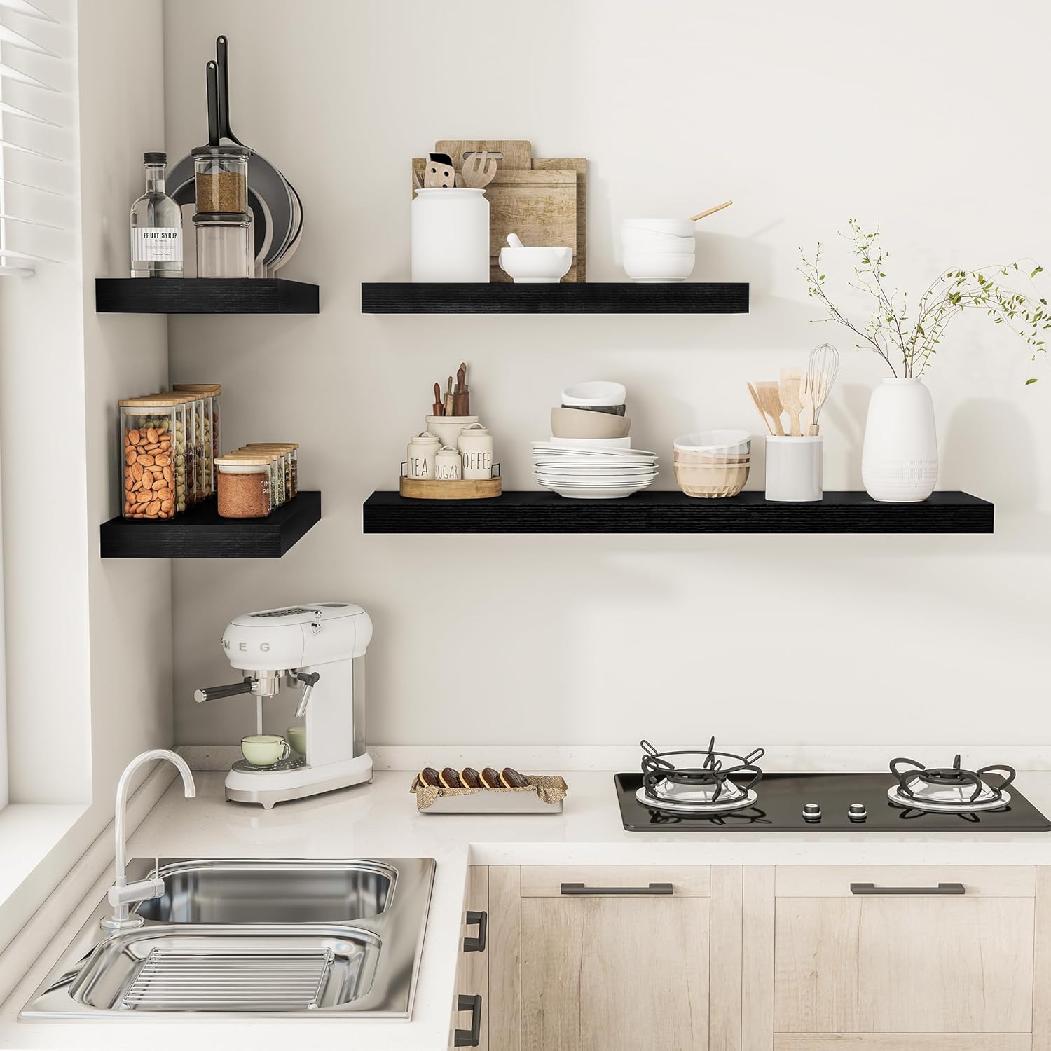 Black Floating Shelves for Wall 55 Inches Long, 12" Deep Wall Shelves 2" Thick, Heavy Duty Shelf