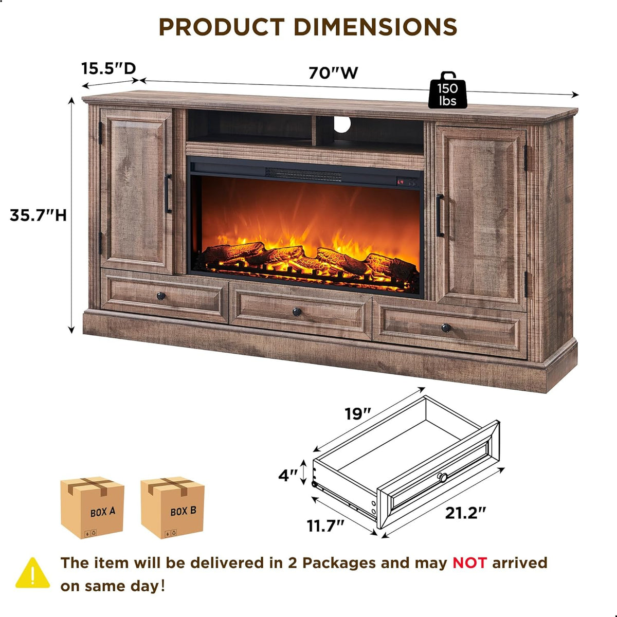 Fireplace TV Stand for 80 Inch TV, 35.7" Tall Farmhouse Entertainment Center W/36'' Electric