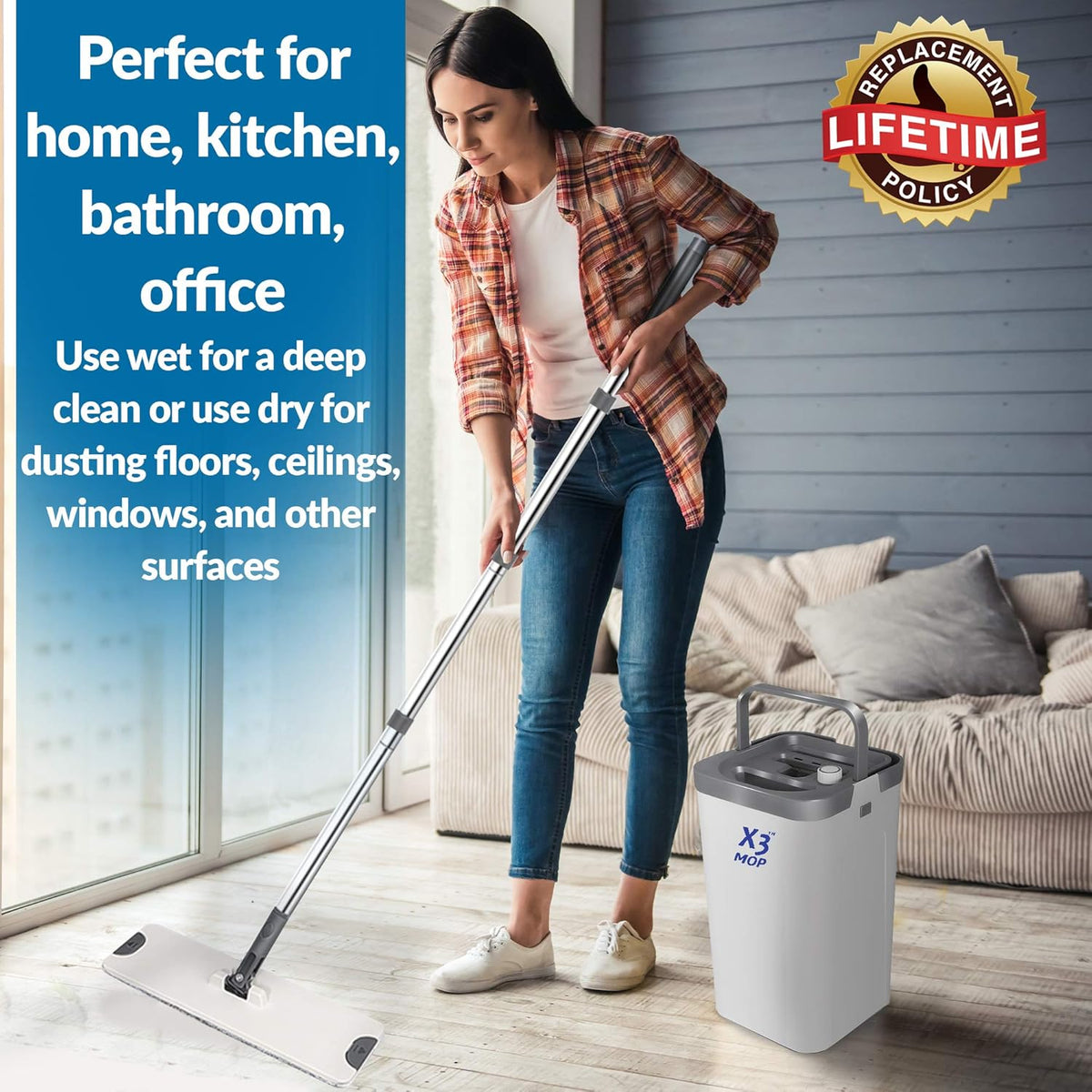 X3 Mop, Separates Dirty and Clean Water, 3-Chamber Design, Flat Mop and Bucket Set, Hands Free Home