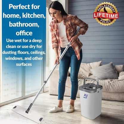 X3 Mop, Separates Dirty and Clean Water, 3-Chamber Design, Flat Mop and Bucket Set, Hands Free Home