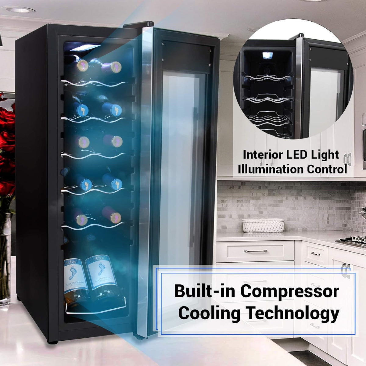 NutriChef PKCWC12 12 Bottle Cooler Refrigerator White and Red Countertop Chiller, Freestanding