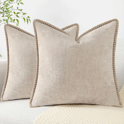 decorUhome Chenille Soft Throw Pillow Covers 24x24 Set of 2, Farmhouse Velvet Neutral Decorative