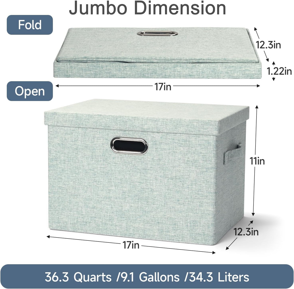 Large 17" 36 Quart Collapsible Stackable Storage Bins with Lids, 3 Packs Light Green Linen Fabric