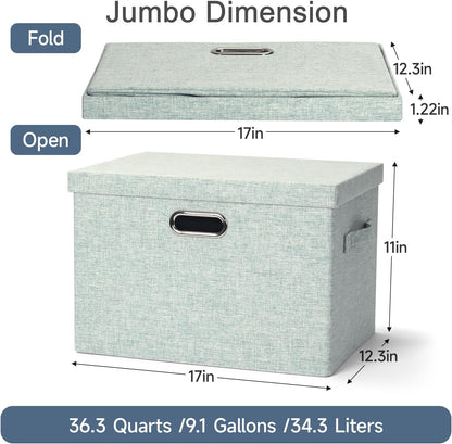 Large 17" 36 Quart Collapsible Stackable Storage Bins with Lids, 3 Packs Light Green Linen Fabric