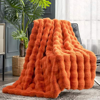 Cozy Bliss Faux Fur Throw Blanket for Couch, Fuzzy Soft Plush Thick Bubble Blanket for Sofa Bedroom