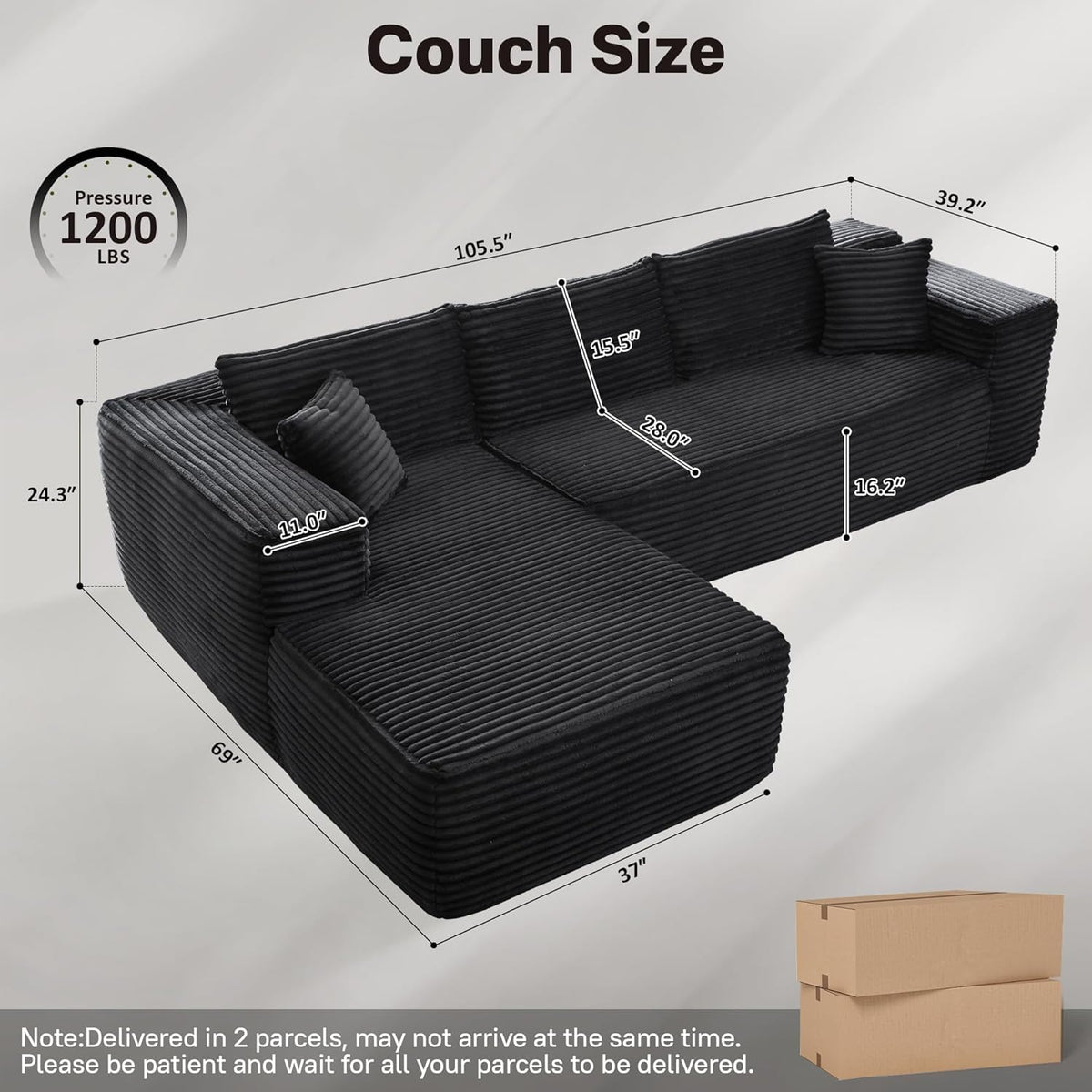 104" Cloudy Sectional L Shaped Couch for Living Room, No Assembly Required, Modular Comfy Sofa with