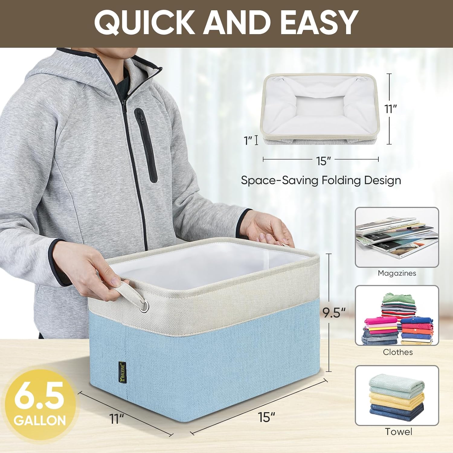 BALEINE 2 Pack Fabric Storage Bins for Shelves, Linen Storage Baskets for Organizing, Decorative