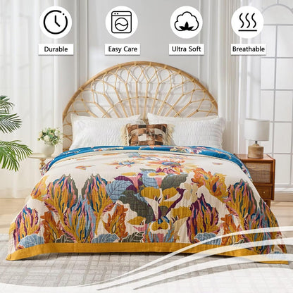 Boho Throw Blanket for Bed, Lightweight Reversible Quilt, Fall Cotton Blanket, Queen Size Boho