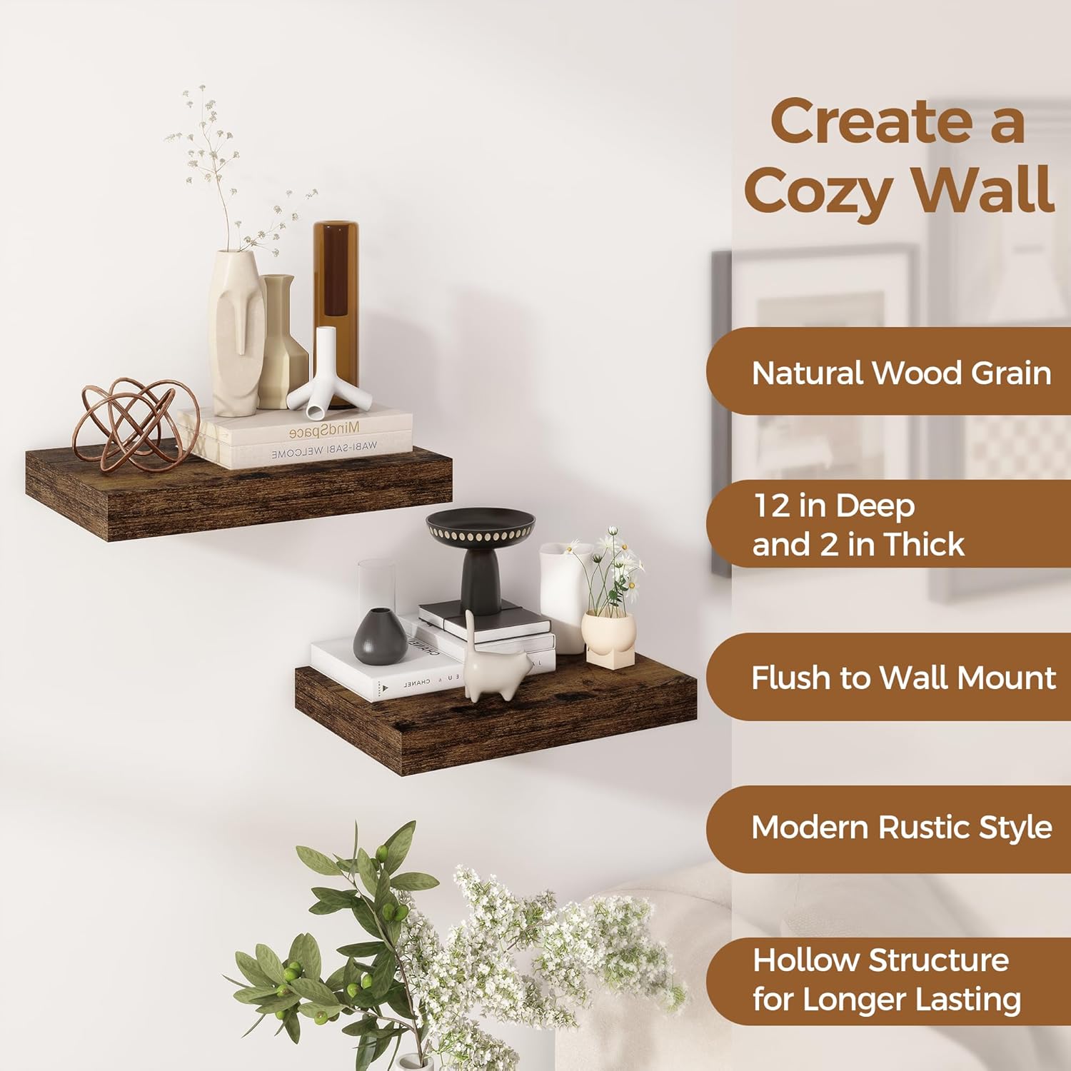 12 Inch Deep Floating Shelves, 16 x 12 Floating Shelf for Books, Rustic Wood Deep Wall Shelves for