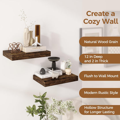 12 Inch Deep Floating Shelves, 16 x 12 Floating Shelf for Books, Rustic Wood Deep Wall Shelves for