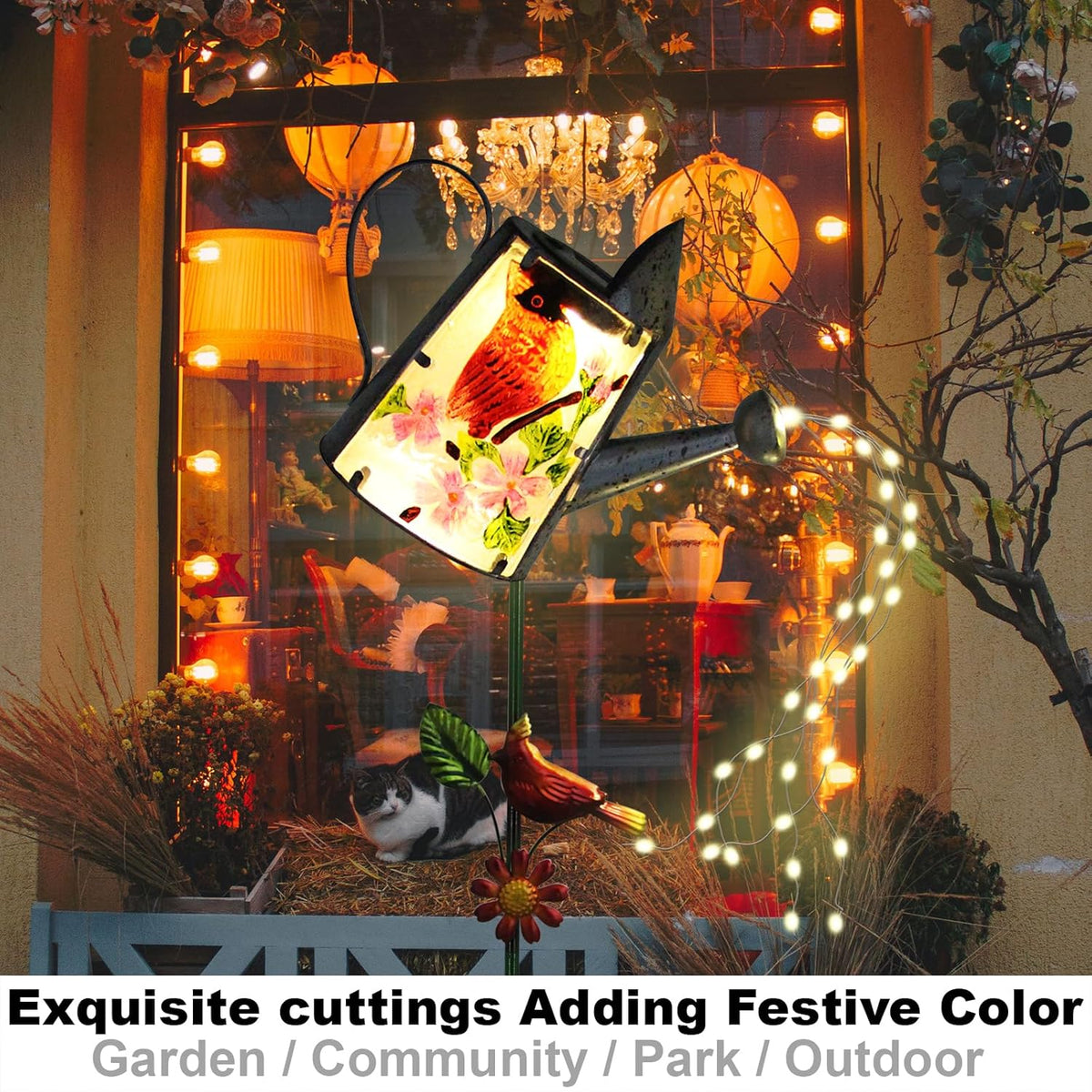 Garden Solar Lights Outdoor, Metal Watering Can Garden Stake Lights Cardinal Bird Decor Glass Art