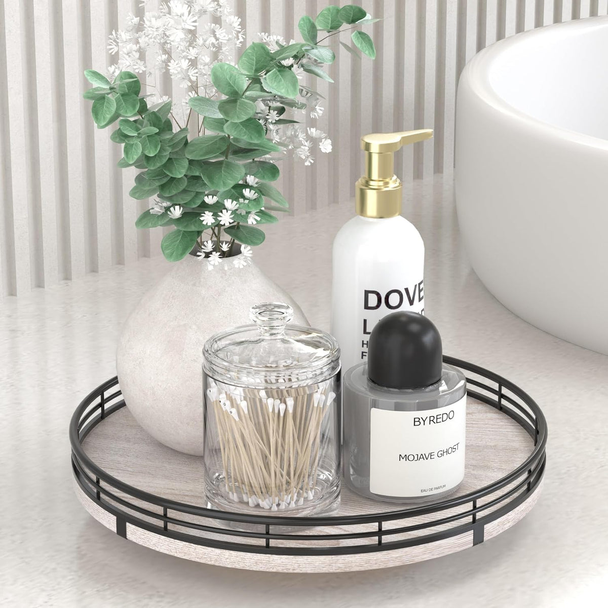 10" Oak Bathroom Vanity Tray Turntable for Perfume Candle, Round Wooden Decorative Tray for Kitchen