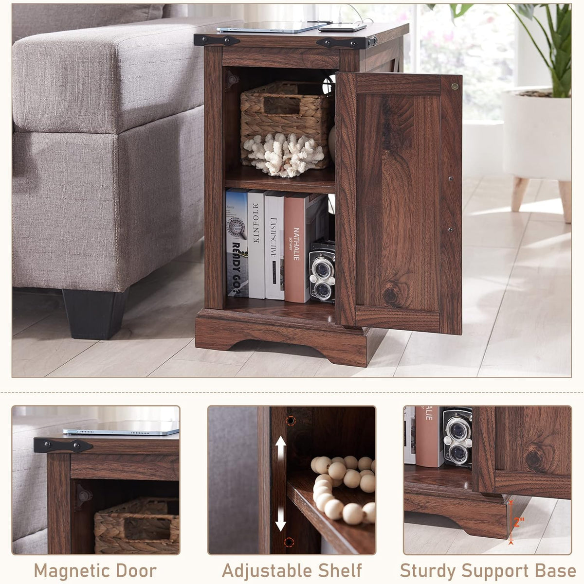 JXQTLINGMU Farmhouse Nightstand Set of 2 with Charging Station, 17" D Rectangular End Table with