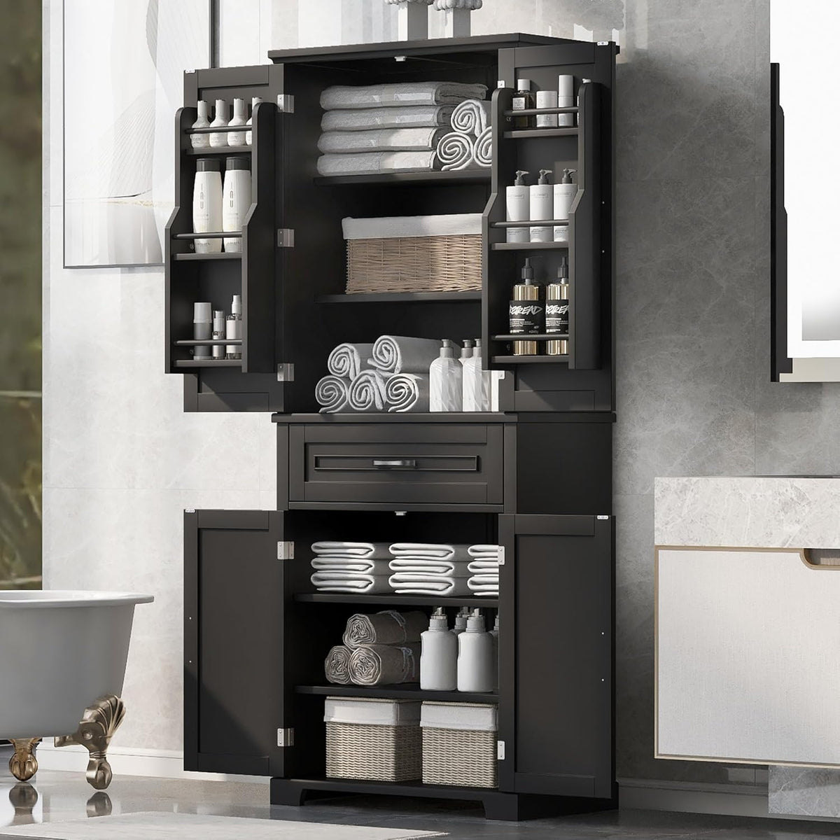 72.2" Tall Storage Cabinet with 4 Doors and Drawer, Freestanding Linen Cabinet, Wooden Pantry with