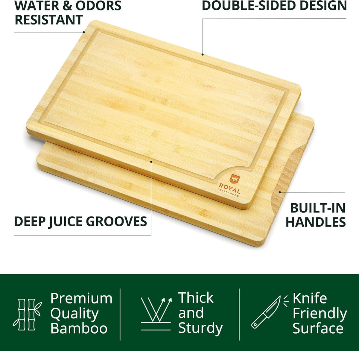 Chopping Board Set of 2 - Wooden Cutting Boards for Kitchen Meal Prep & Serving - Bamboo Wood
