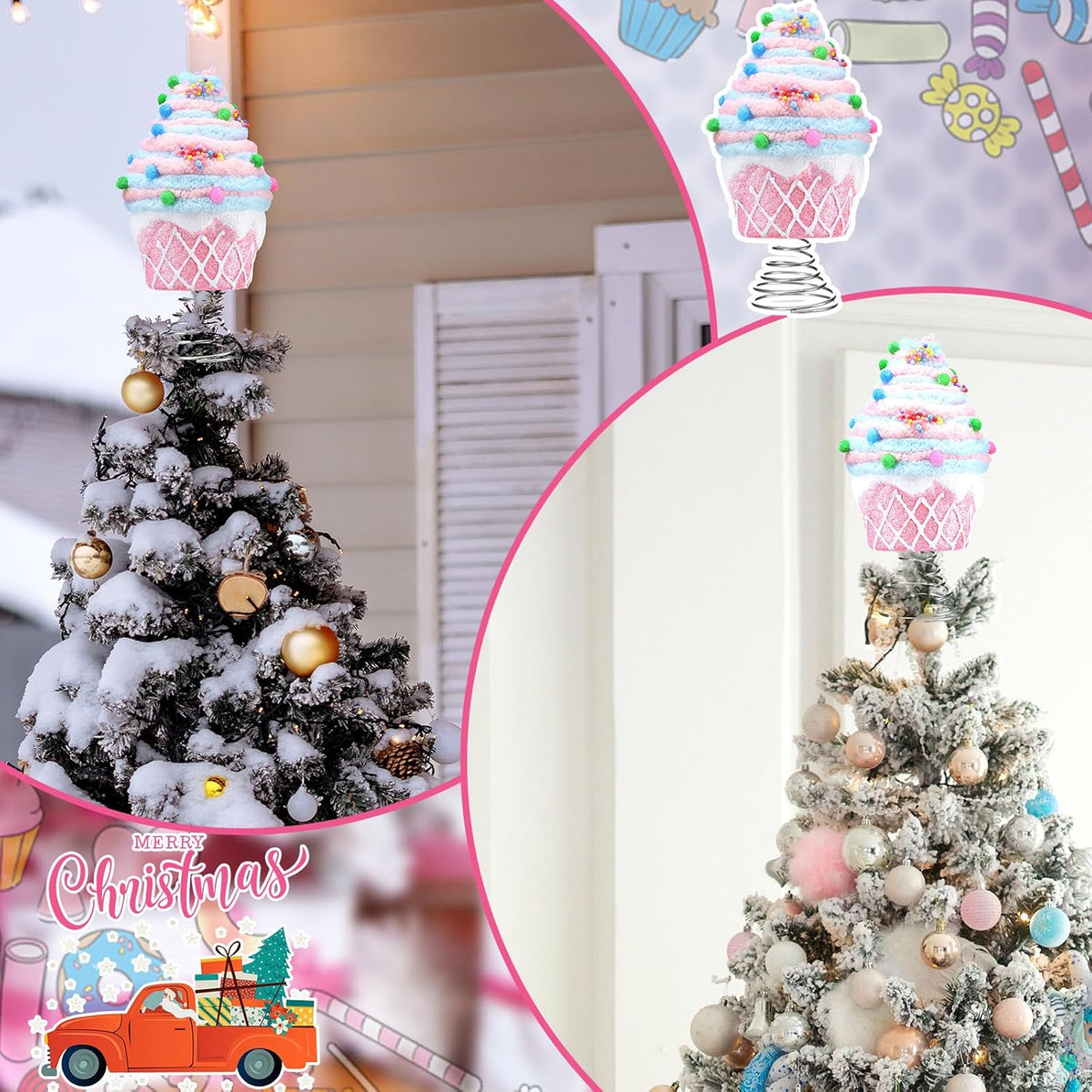 Retisee 7.9 Inch Pastel Dessert Christmas Tree Topper Pink Cupcake Tree Topper Candy Donut