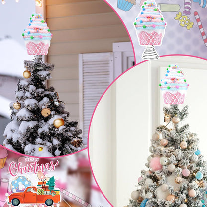 Retisee 7.9 Inch Pastel Dessert Christmas Tree Topper Pink Cupcake Tree Topper Candy Donut