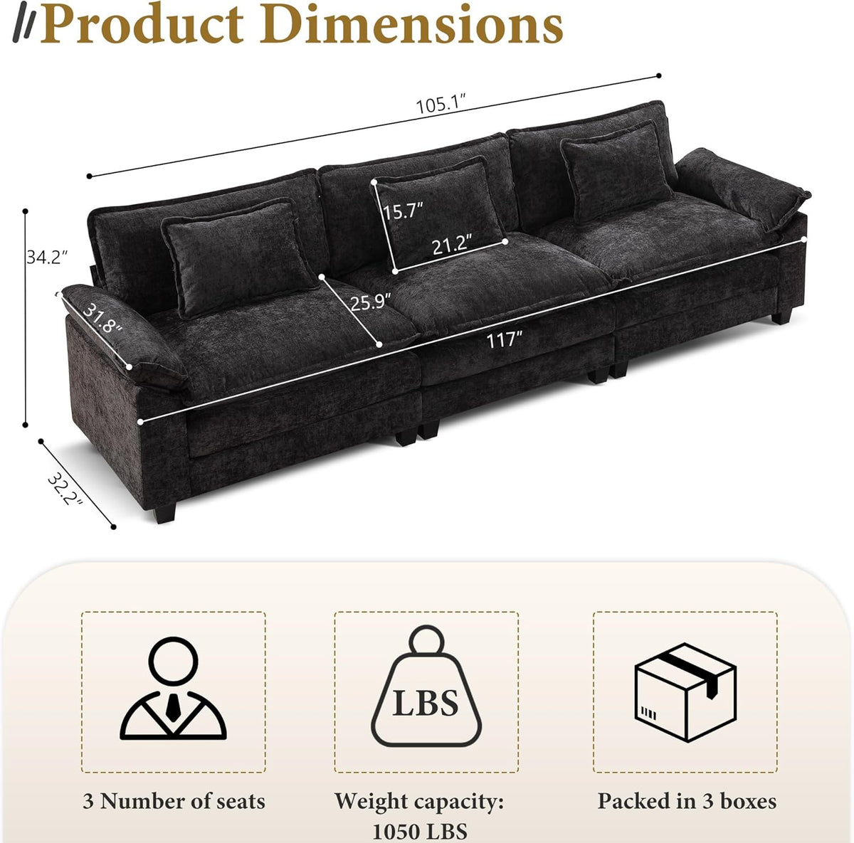 URRED Modular Sectional Sofa Comfy Cloud Couch, Modern Chenille Sofa Sleeper Deep Seat Couches with