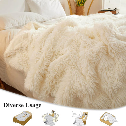XeGe Luxury Faux Fur Throw, Ivory Soft 50x60 Fluffy Blanket, Ivory Shaggy Plush Decorative Couch