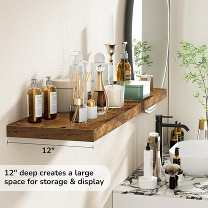 Fun Memories Floating Shelves - 2 Pack 12 Inch Deep Rustic Wooden Wall Shelves - Extra Deeper &