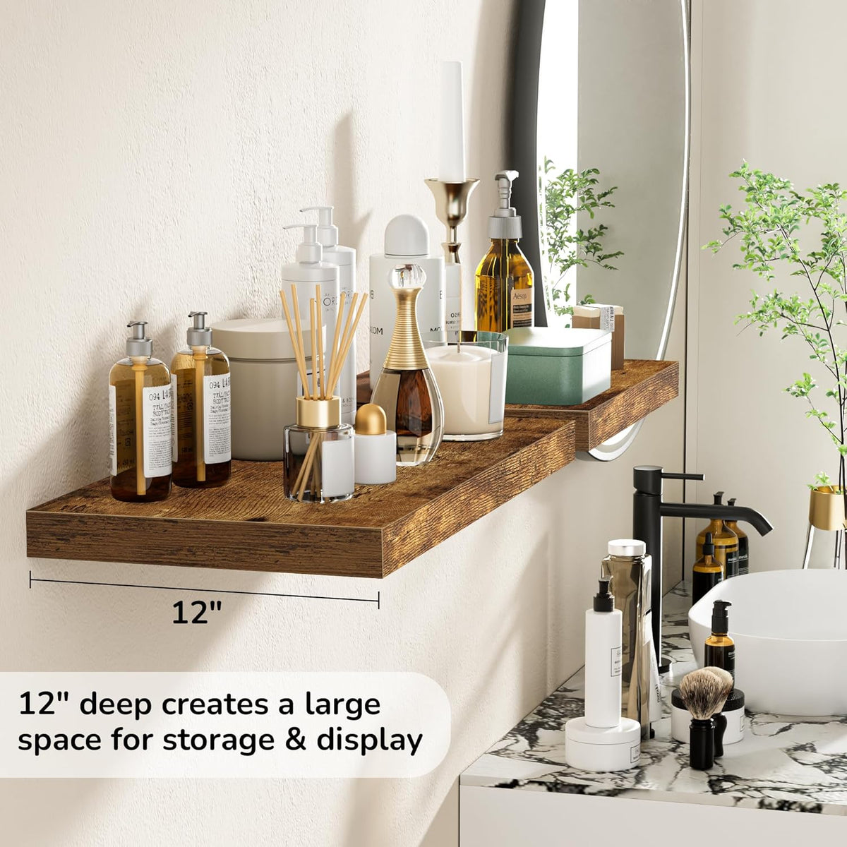 Fun Memories Floating Shelves - 2 Pack 12 Inch Deep Rustic Wooden Wall Shelves - Extra Deeper &
