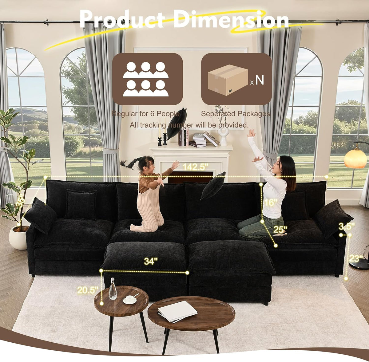 142.5" U Shaped Couch, Modular Sectional Sofa, 3-Seater Comfy Cloud Couch with Movable Ottoman