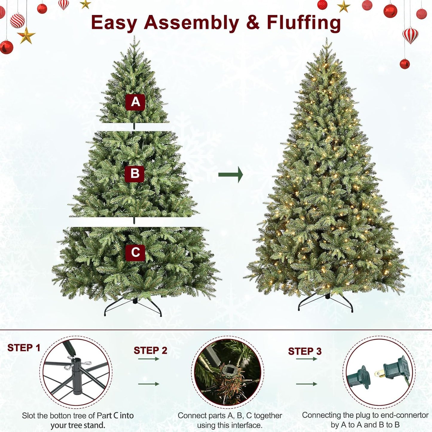 6.5 FT Pre-Lit Artificial Christmas Tree with 1706 PE&PVC Mixed Branch Tips, 450 Warm White Lights