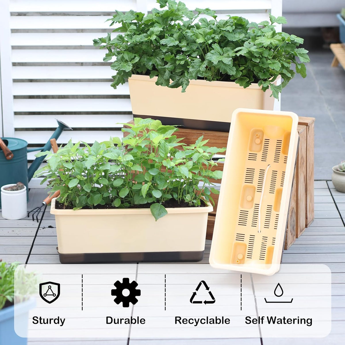 Window Box Planter 8 Pcs, 17 Inches Rectangle Flower Pots with Drainage Holes and Trays, Vegetable