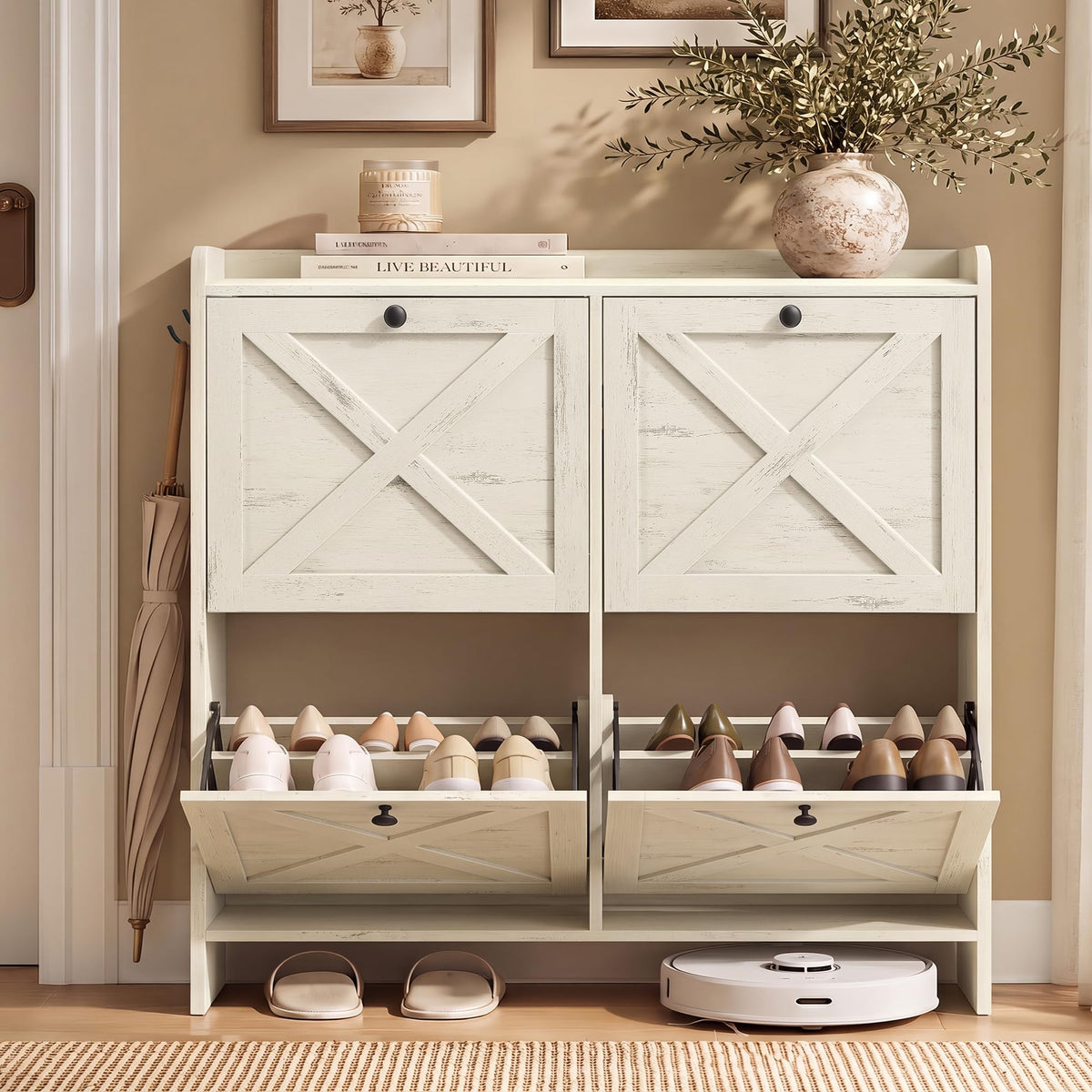 VASAGLE Shoe Storage Cabinet Organizer with 4 Flip Drawers, Freestanding Narrow Shoe Rack Cabinet