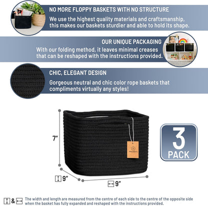 NaturalCozy Storage Cubes 9”x9”x7”Cotton Rope Woven Baskets for Organizing 3-Pack | 9 Inch Cube