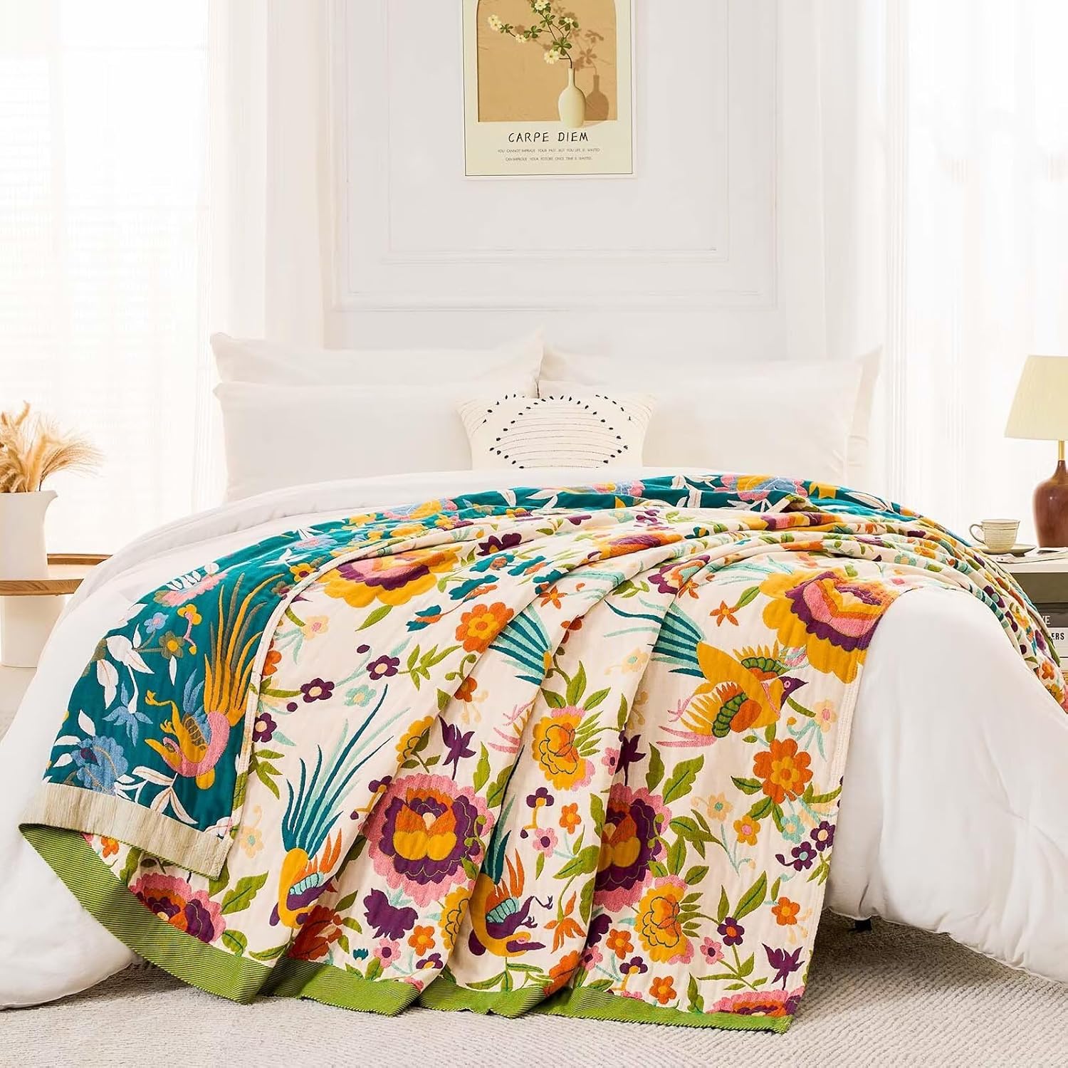 Boho Throw Blanket for Bed, 100% Cotton Soft Rustic Quilt Fall Blanket, 50"x60" Colorful Floral