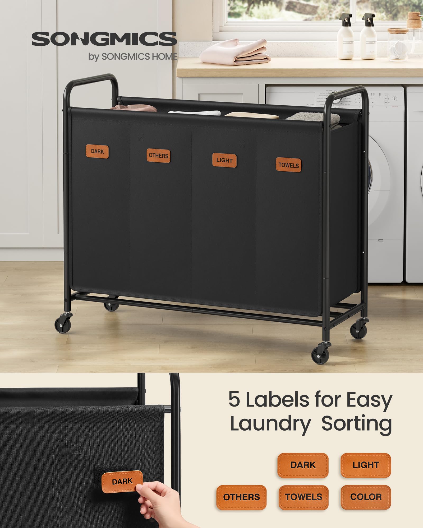 SONGMICS 4-Section Laundry Sorter, Laundry Hamper with Wheels, Rolling Clothes Hamper Cart with