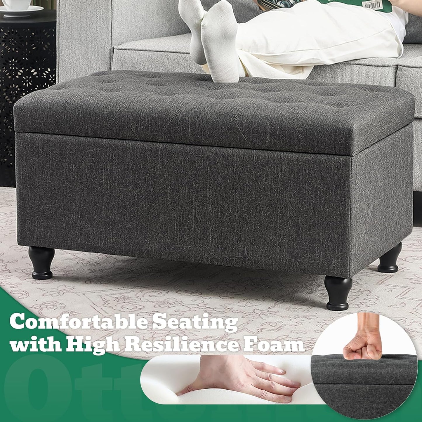 Ottoman with Storage 32'' Ottoman Storage Bench Linen Fabric Ottomans Footstools Upholstered Foot