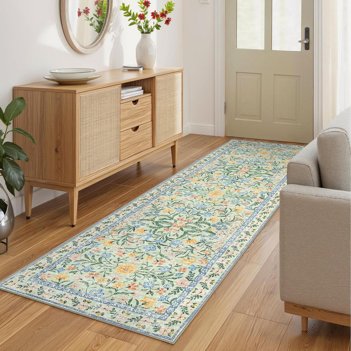 Wonnitar Washable Runners for Hallways, 2'6''x8' Floral Green Runner Rug for Kitchen Bathroom, Boho