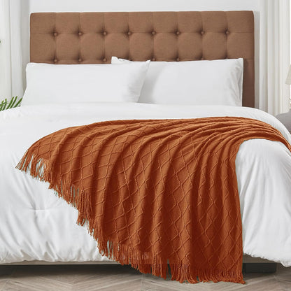 inhand Knitted Throw Blankets for Couch and Bed, Soft Cozy Knit Blanket with Tassel, Orange Rust