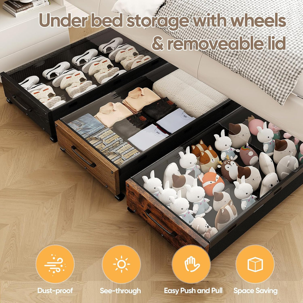 Wooden Under Bed Storage with Wheels, Rolling Under the Bed Storage Bins with Removable Lid, Metal