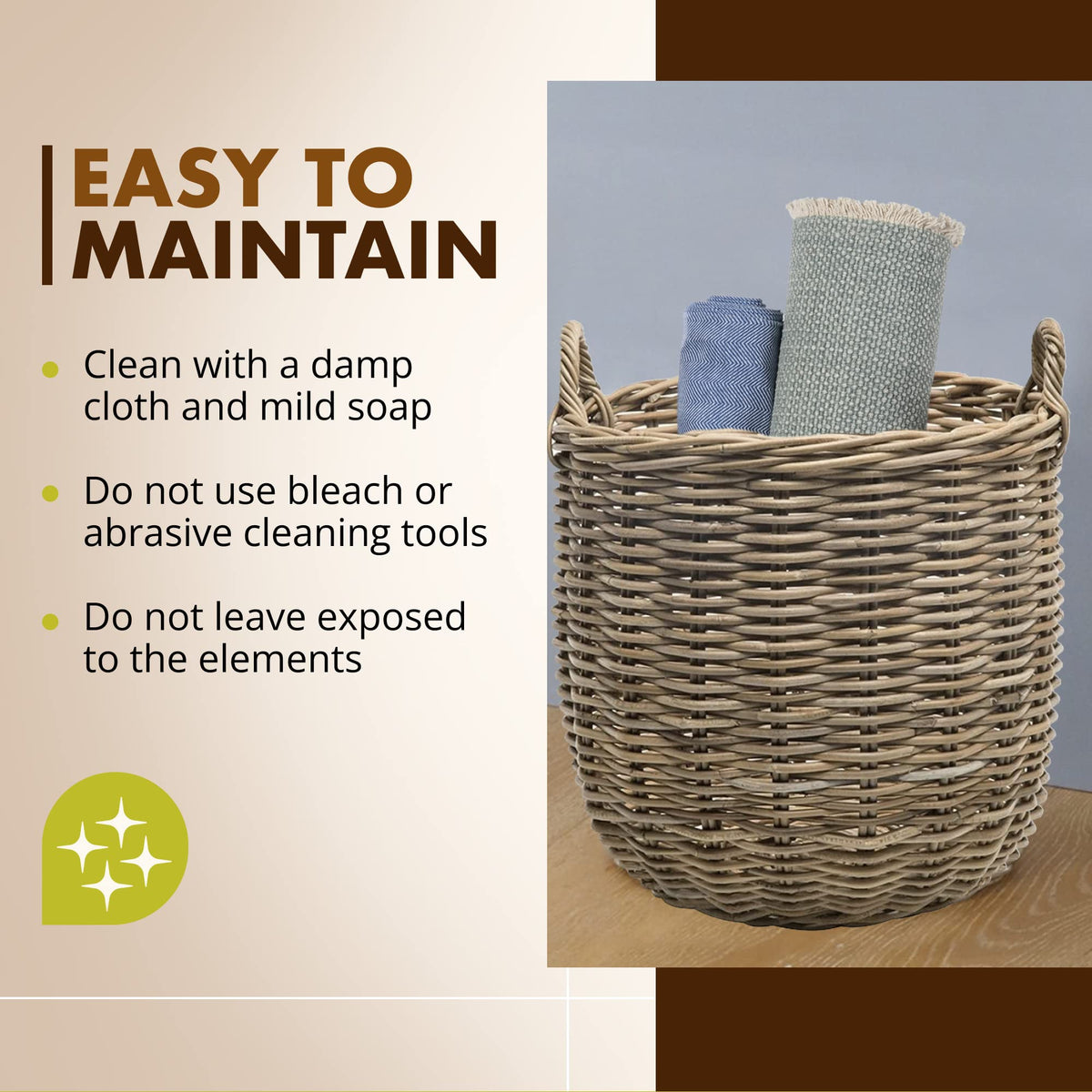 KOUBOO Rattan Kobo Round Storage Basket with Handles, Gray Brown, Large