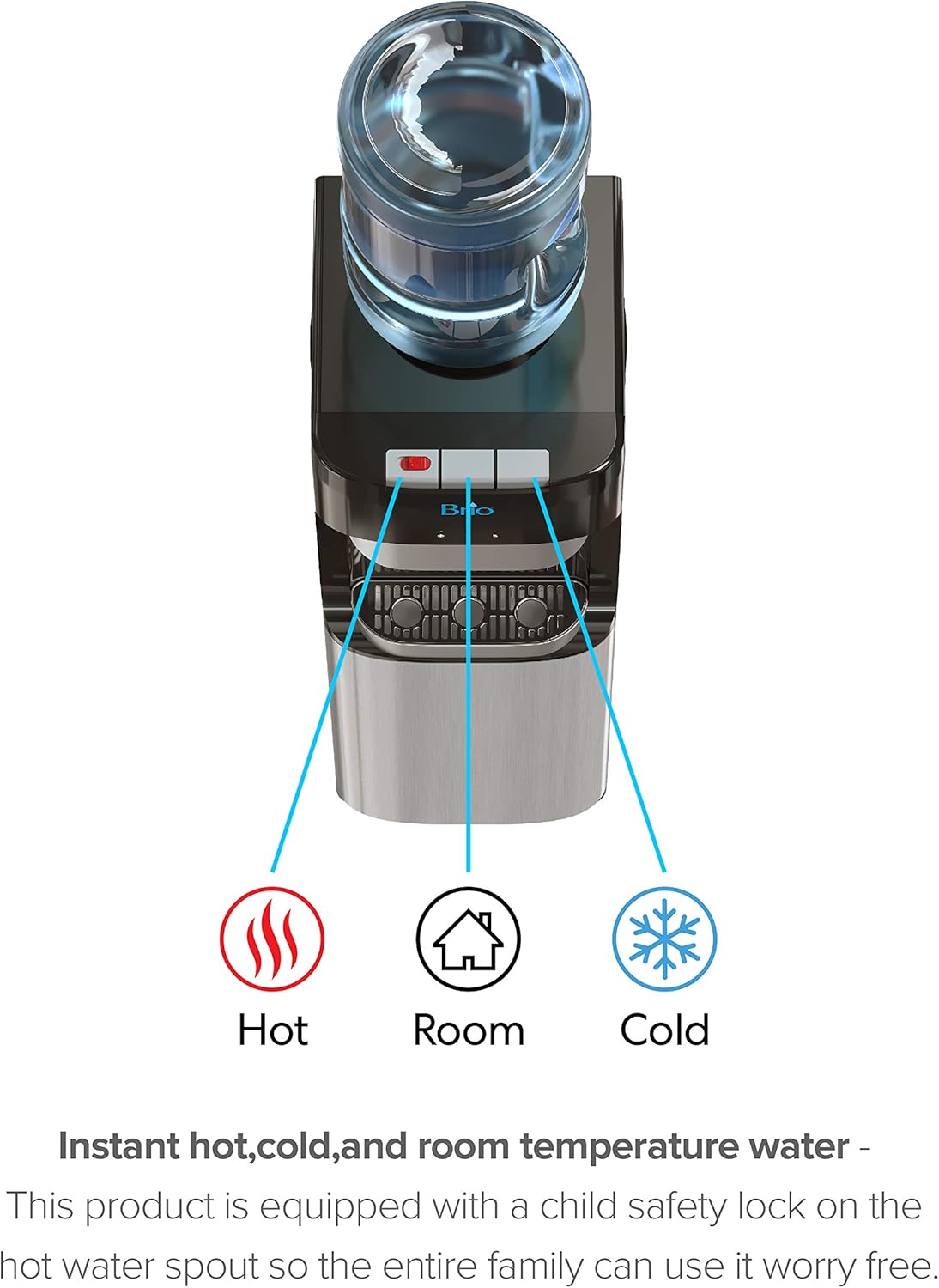 Brio Essential Series Top Loading Water Cooler Dispenser - Tri Temp Dispense, Child Safety Lock