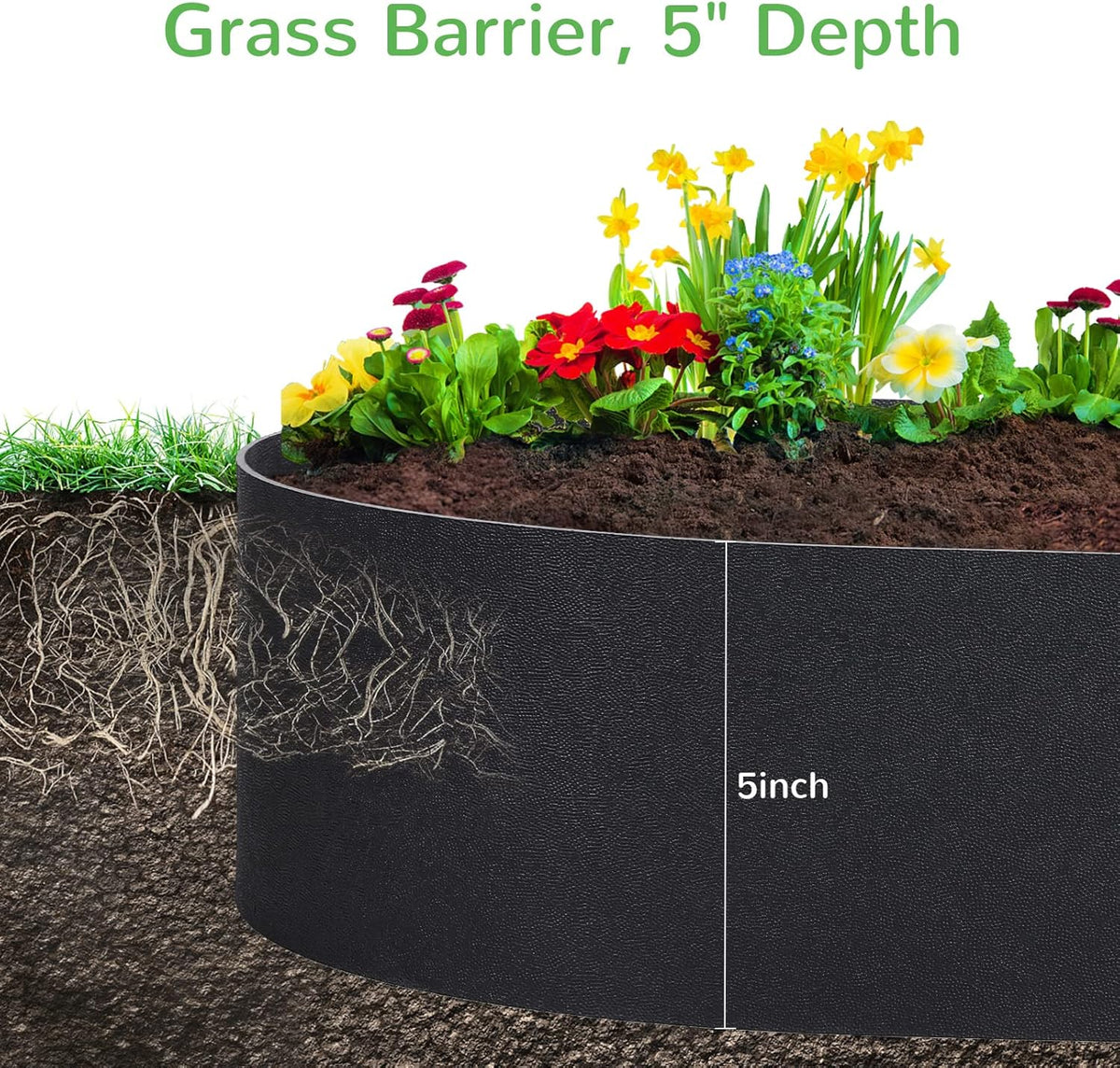 Black Plastic Garden Landscape Edging, 5” Tall Border Coil, Flexible and Strengthened with Anti-UV