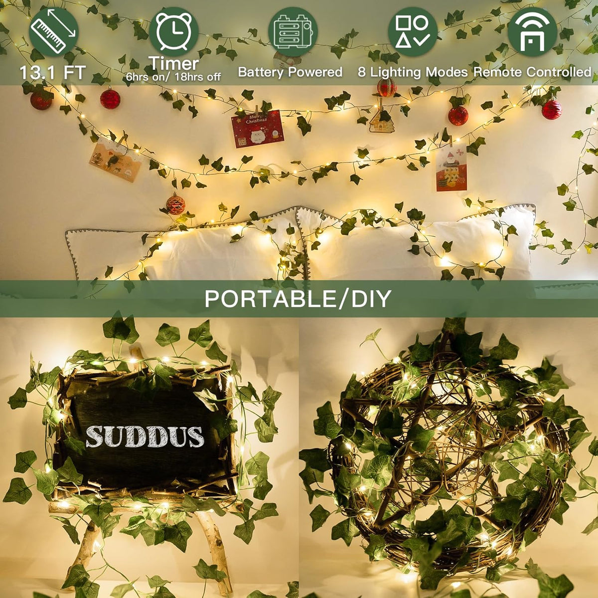 suddus Vine with Fairy Lights Battery Operated, 13.1ft 40 LED Ivy String Light with Remote, Leaf
